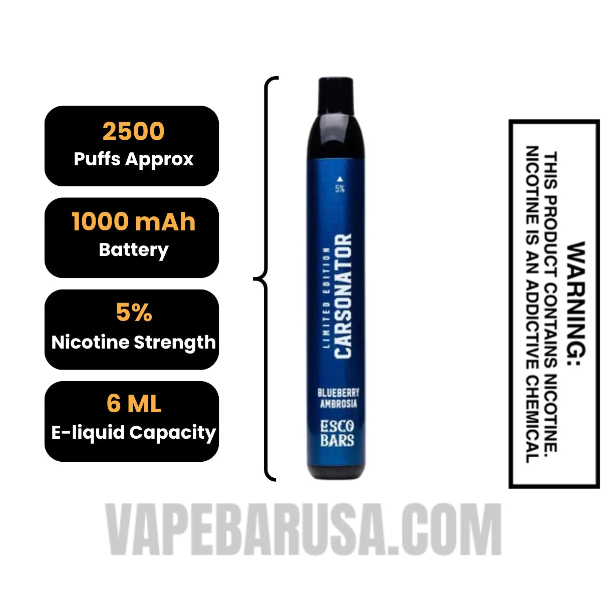 Blueberry Ambrosia Esco Bars 2500 Puffs Disposable Vape Specifications