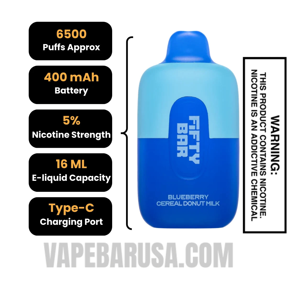 Blueberry Cereal Donut Milk Fifty Bar Disposable Vape 6500 Puffs Specifications