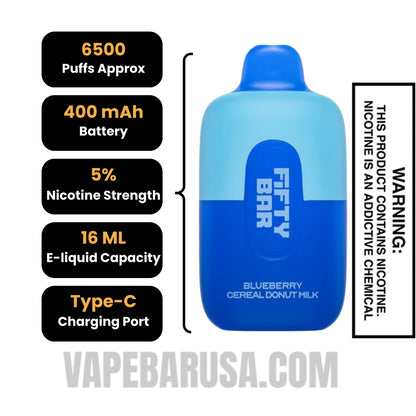 Blueberry Cereal Donut Milk Fifty Bar Disposable Vape 6500 Puffs Specifications