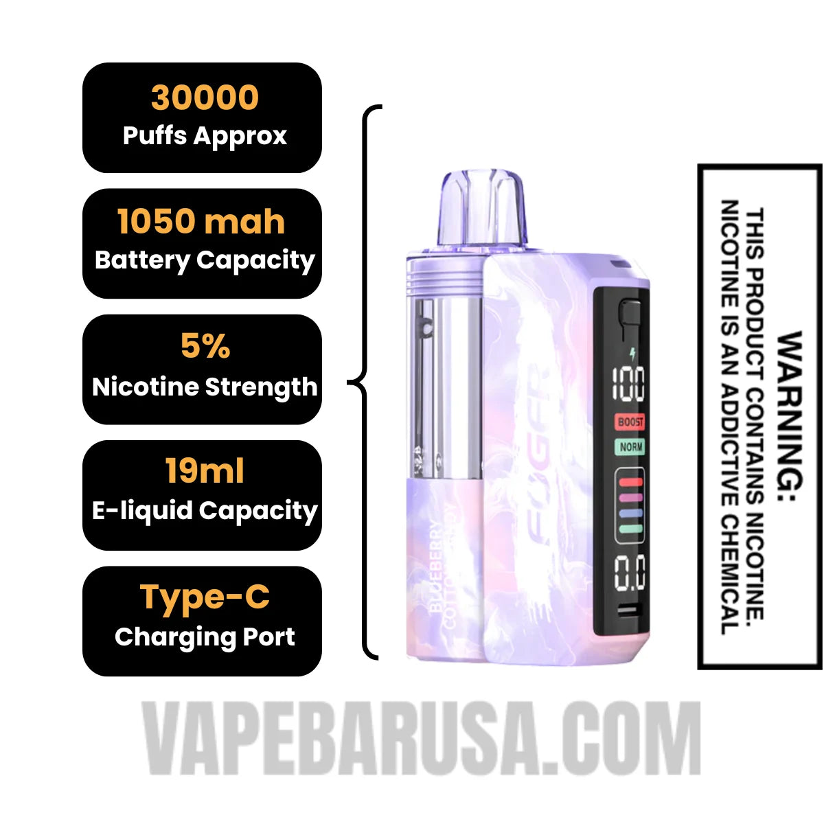 Blueberry Cotton Candy Foger Switch Pro 30K Disposable Vape Kit Specifications
