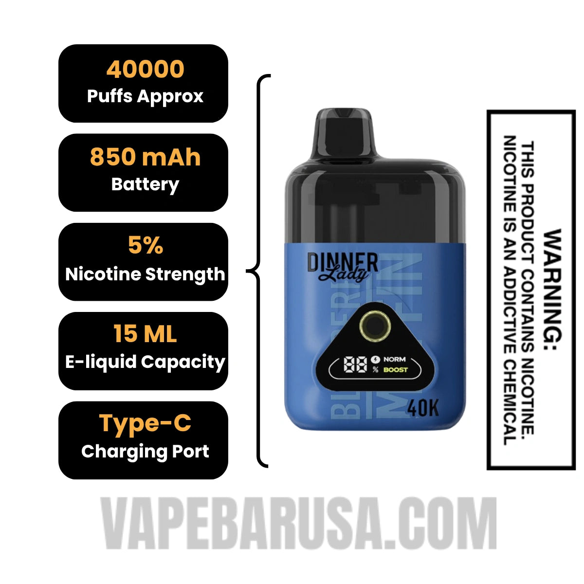 Blueberry Muffin Dinner Lady 40K Disposable Vape Specifications