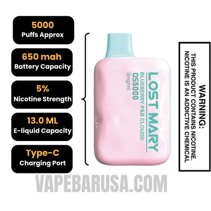 Blueberry P&B Cloudd Lost Mary OS5000 Disposable Vape Specifications