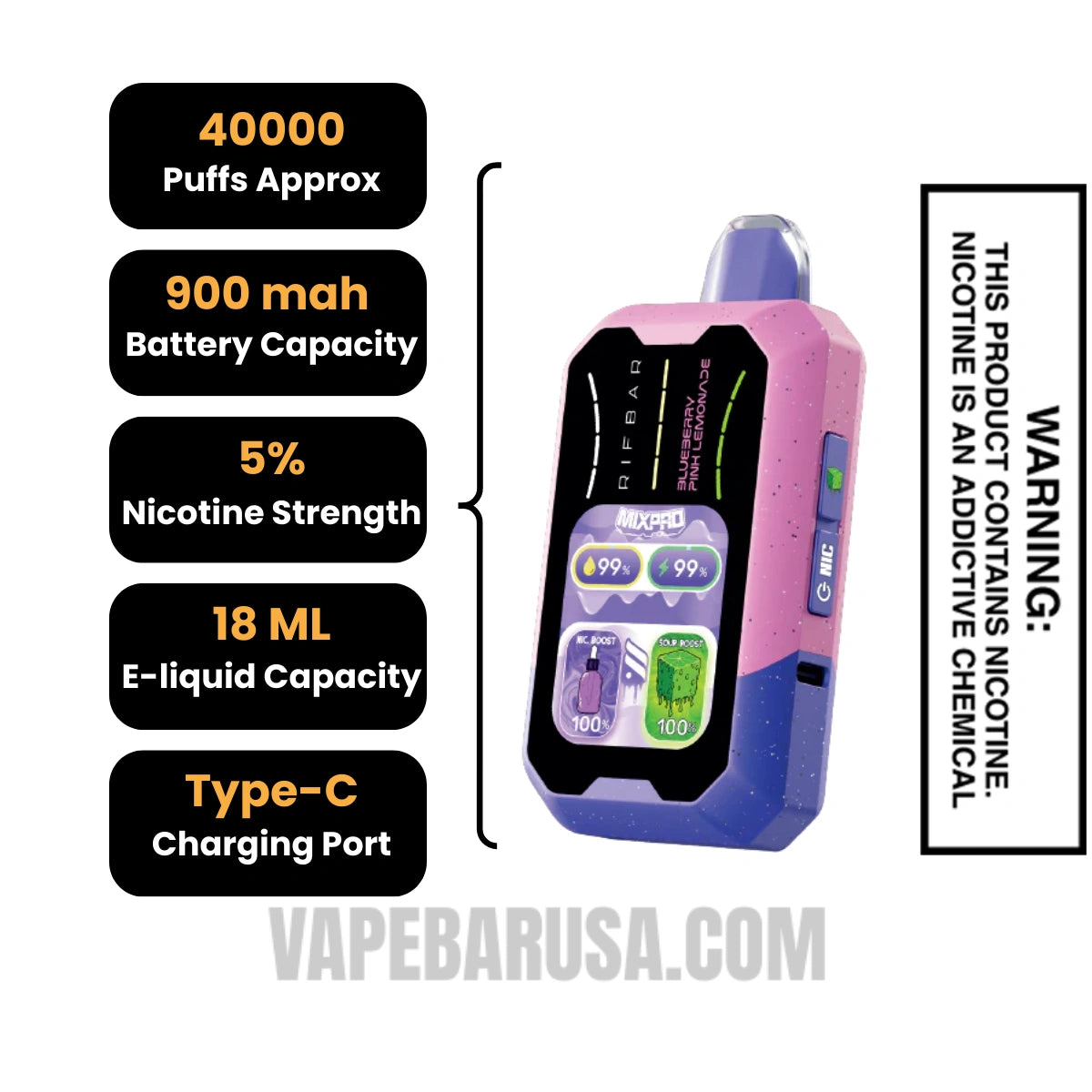 Blueberry Pink Lemonade Rifbar MixPro Sour 40K Disposable Vape Specifications