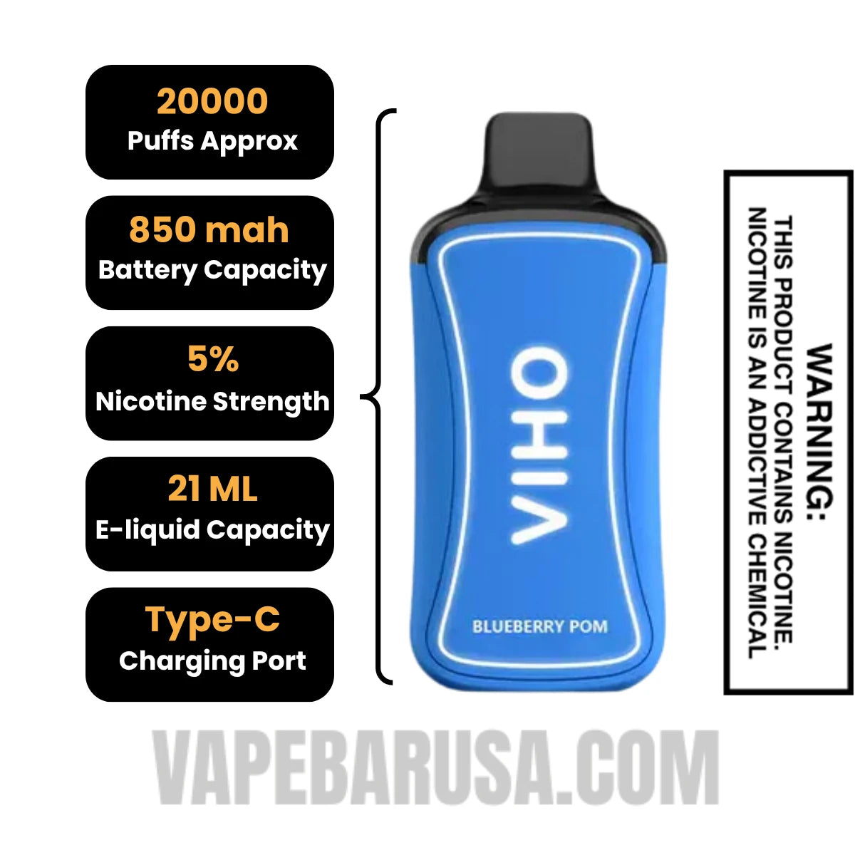 Blueberry Pom VIHO Supercharge 20000 Puffs Vape Specifications