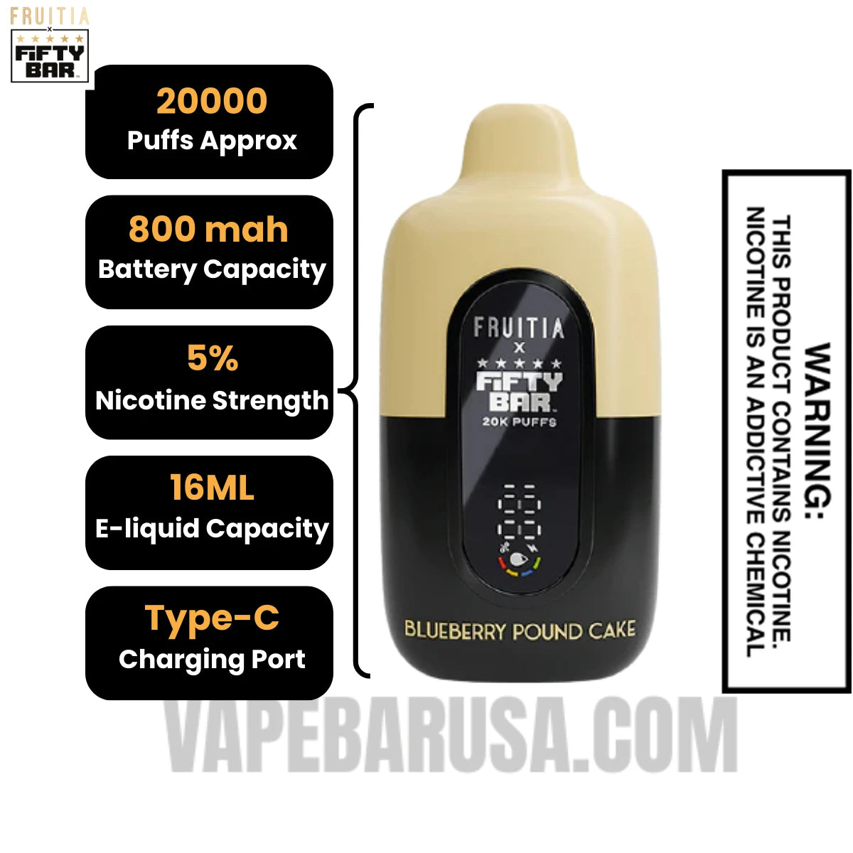 Blueberry Pound Cake Fruitia X Fifty Bar 20K Vape Specifications 