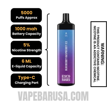 Blueberry Raspberry Ice Esco Bars 5000 Puffs Disposable Vape Specifications