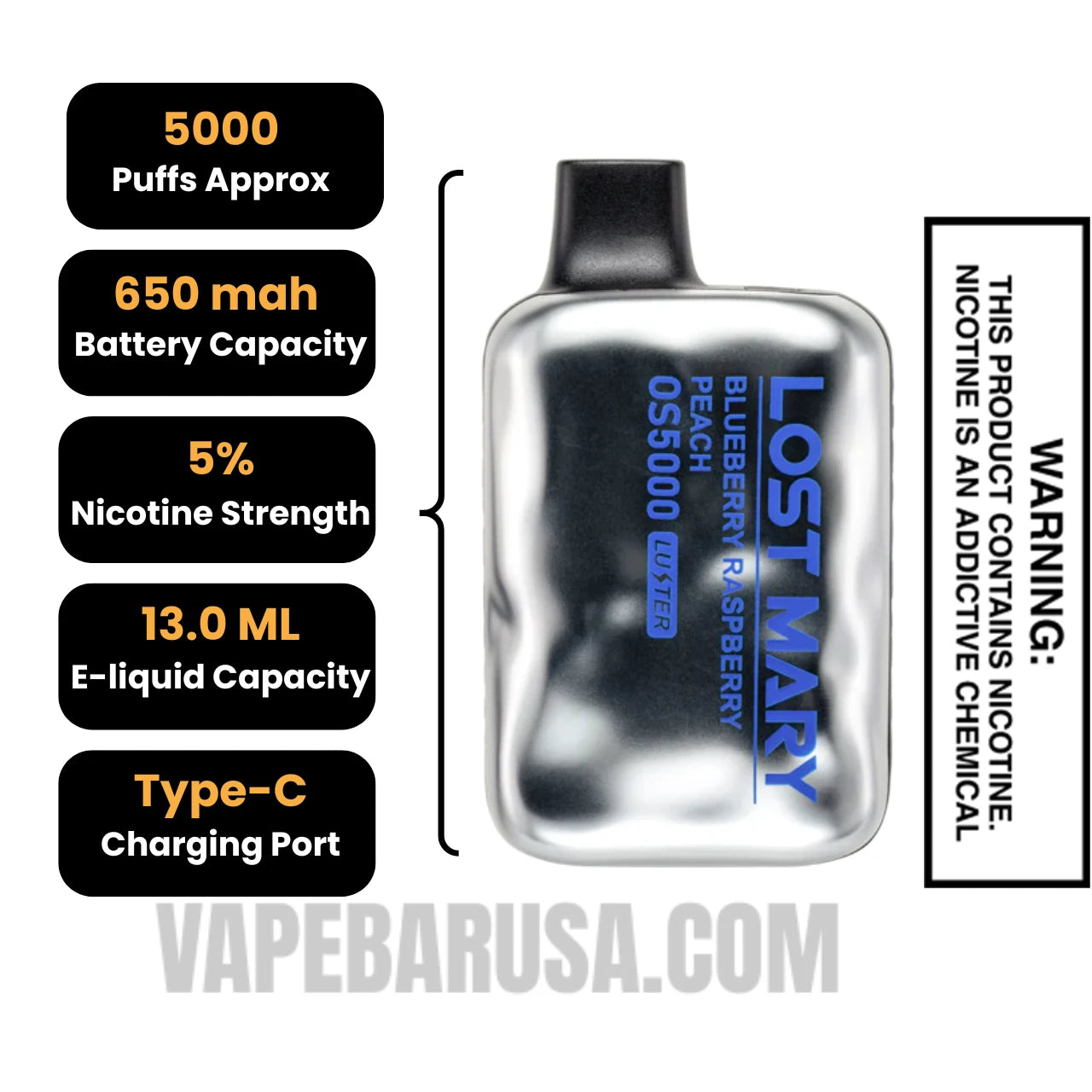 Blueberry Raspberry Peach Lost Mary OS5000 Luster Edition Vape Specifications