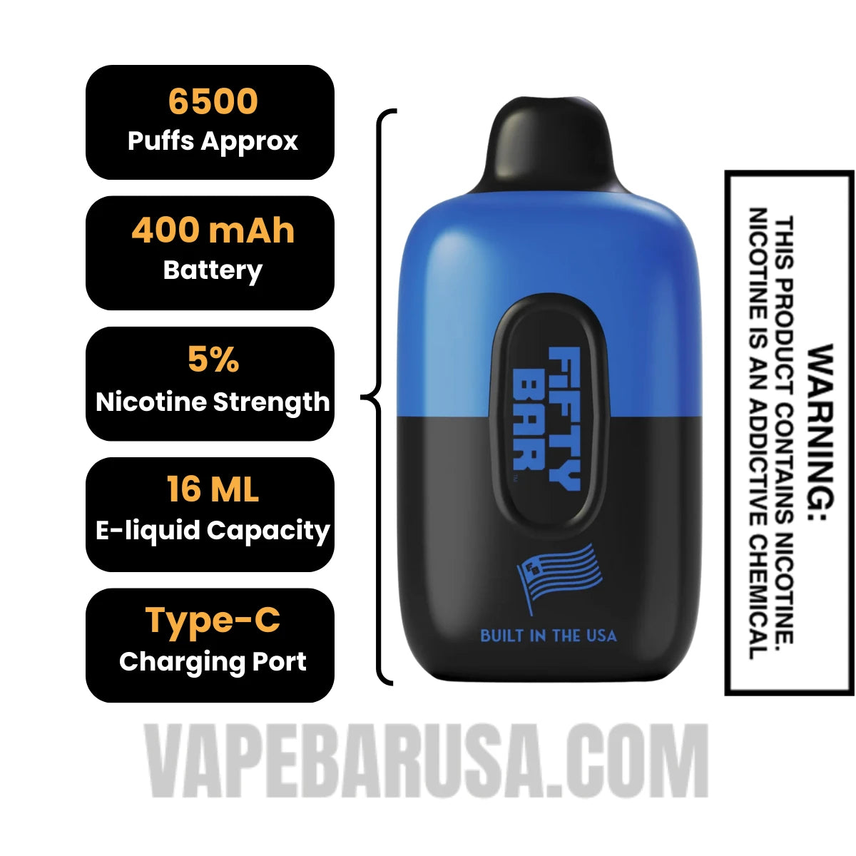 Blueberry Super Strudel Fifty Bar Disposable Vape 6500 Puffs Specifications