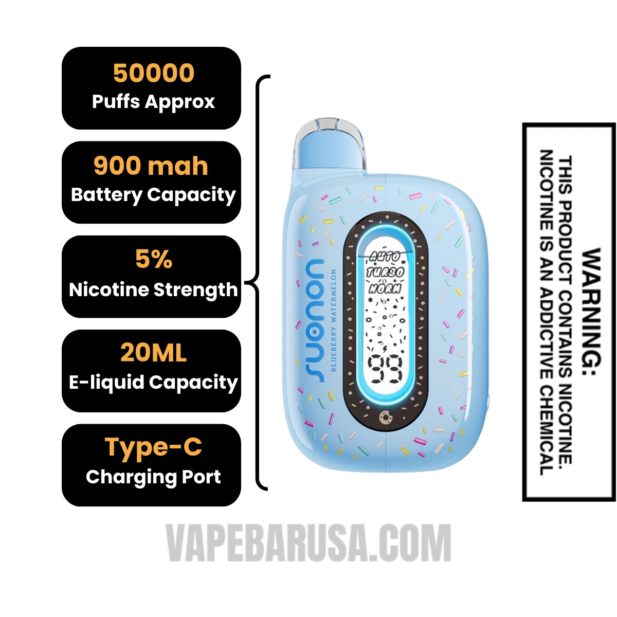 Blueberry Watermelon Suonon Donete 50k Disposable Vape  Specifications
