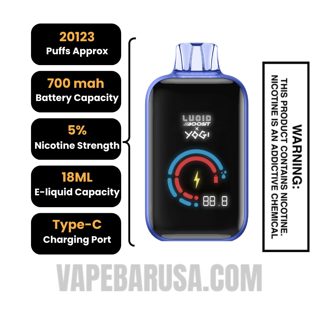Blueberry Granola Lucid Boost X Yogi 20123 Disposable Vape Specifications