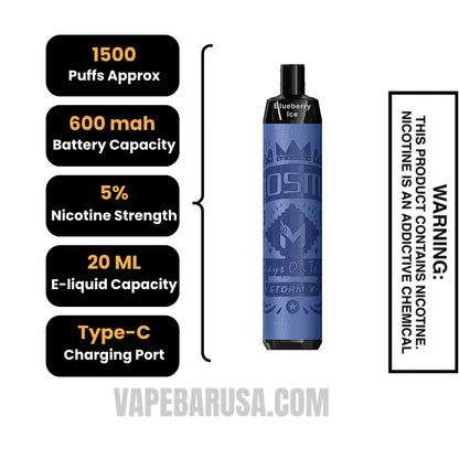 Blueberry Ice MOSMO STORM X Mini 1500 Puffs Disposable Vape Specifications