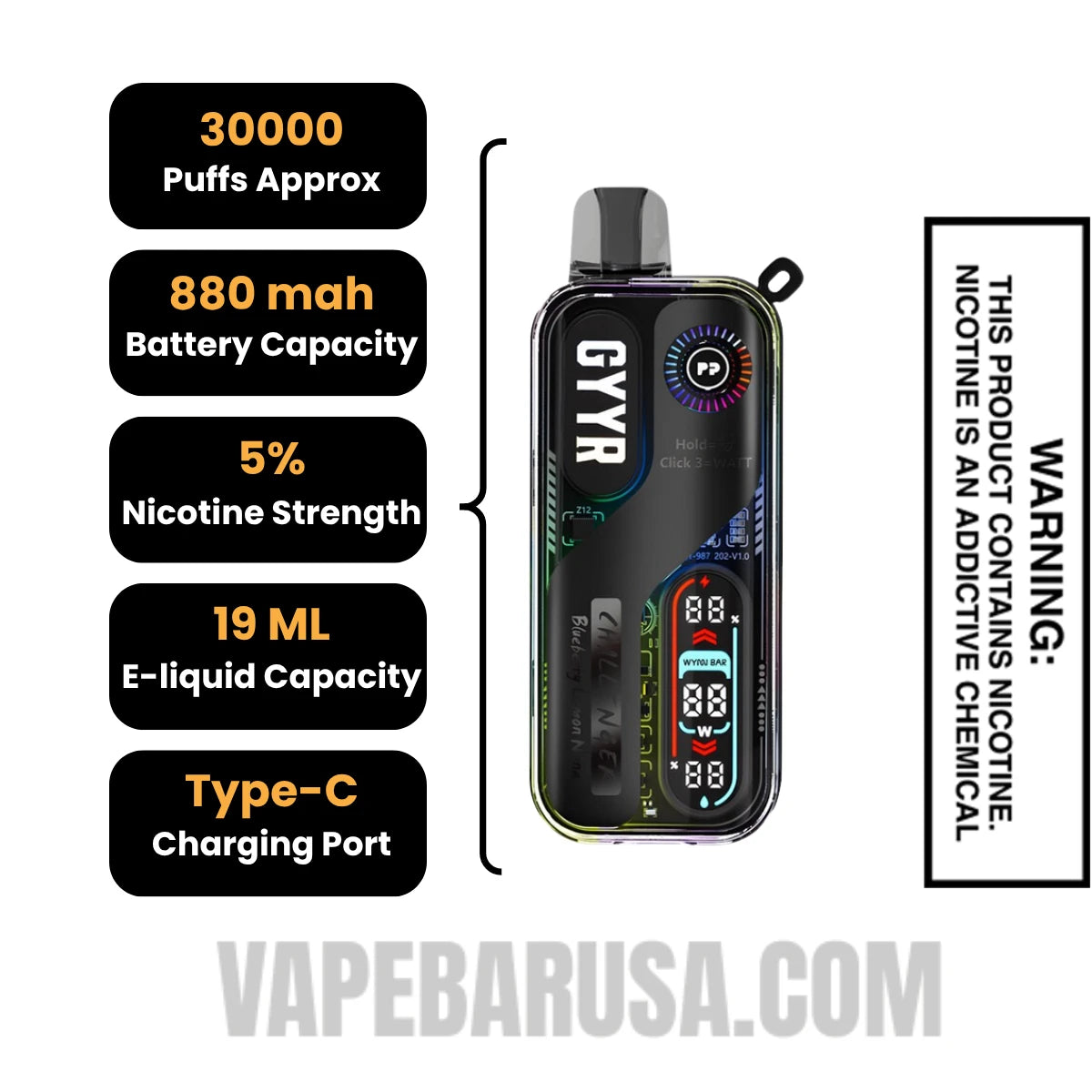 Blueberry Lemon Nana GYYR X Wynn Bar Challenger 30K Vape Specifications