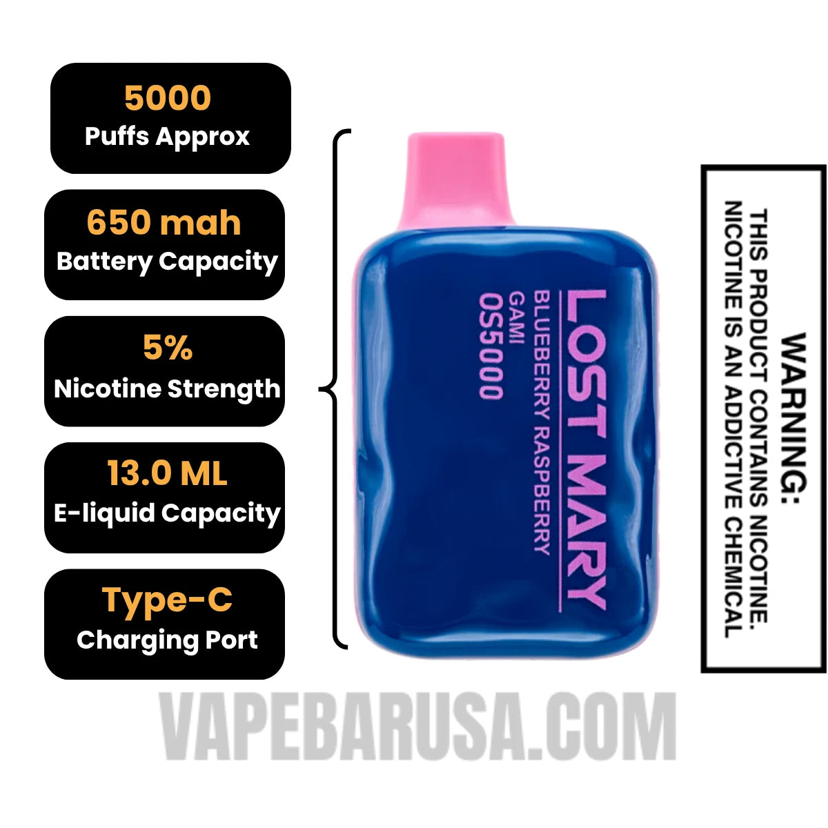 Blueberry Raspberry Gami Lost Mary OS5000 Disposable Vape Specifications