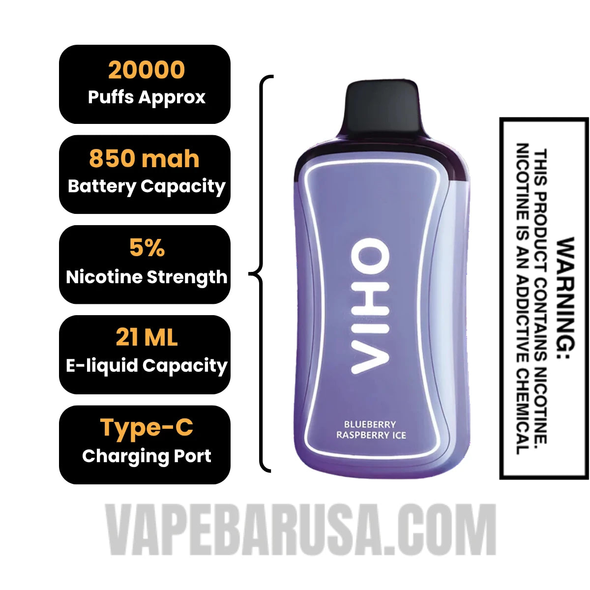Blueberry Raspberry Ice VIHO Supercharge 20000 Puffs Vape Specifications