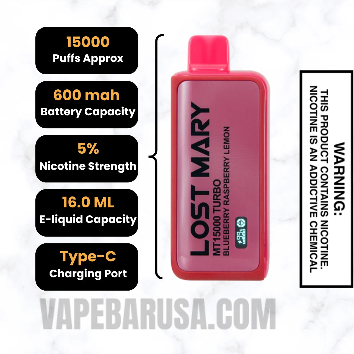 Blueberry Raspberry Lemon Lost Mary MT15000 Turbo Vape Specifications