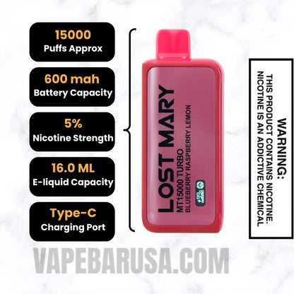 Blueberry Raspberry Lemon Lost Mary MT15000 Turbo Vape Specifications