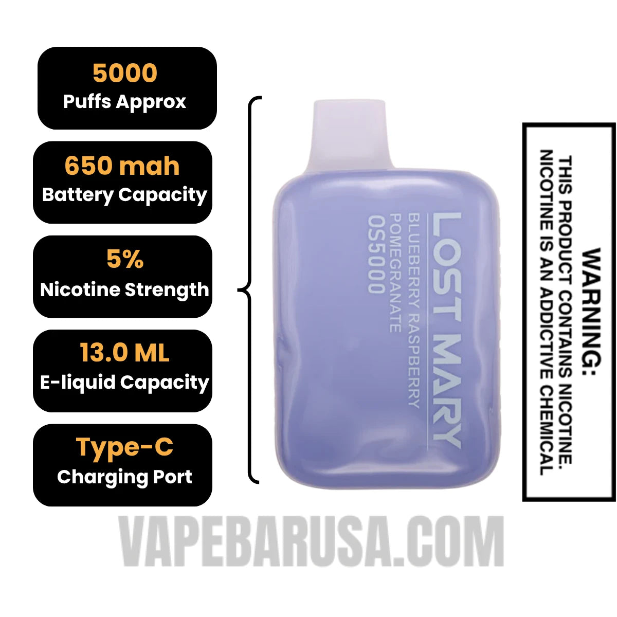 Blueberry Raspberry Pomegranate Lost Mary OS5000 Vape Specifications