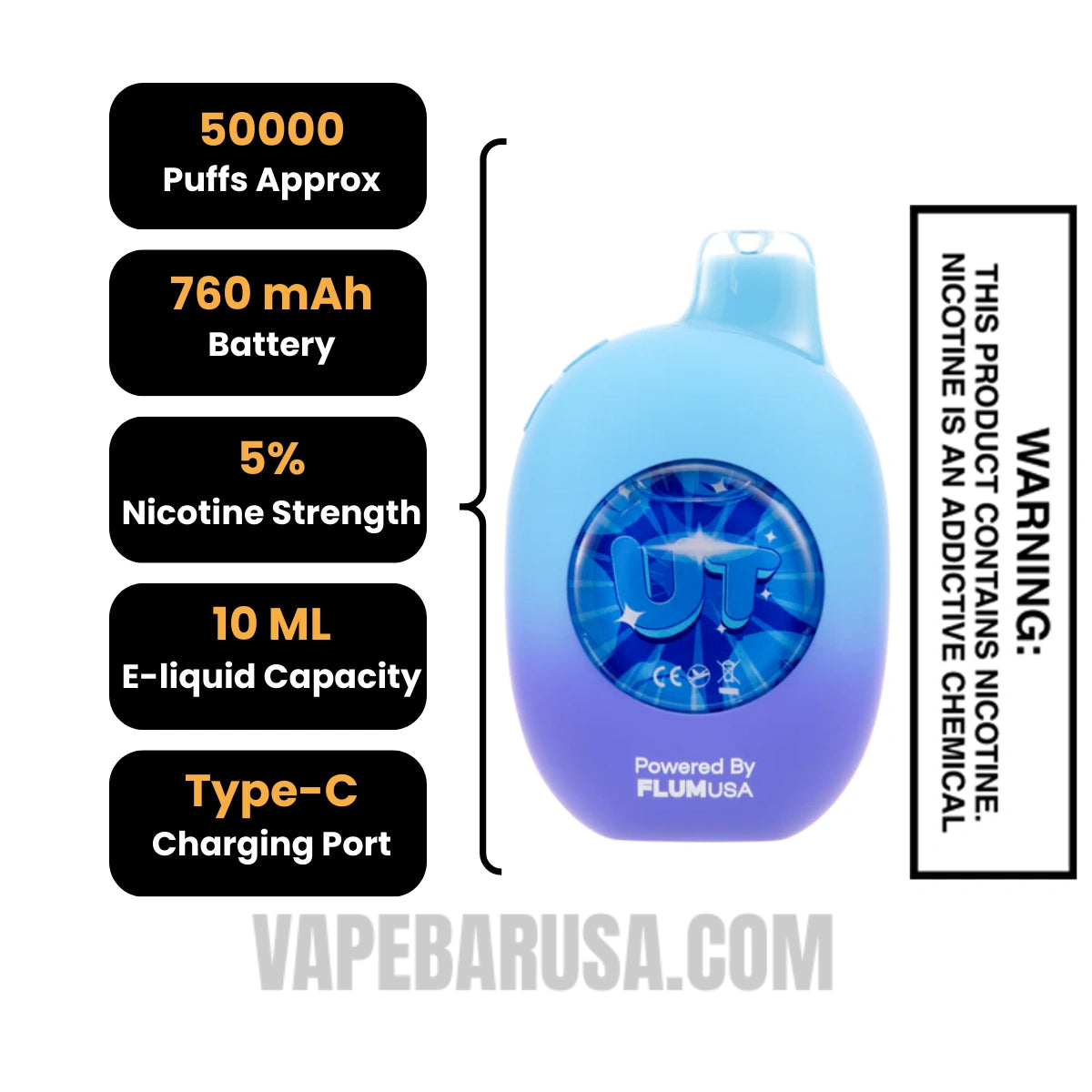 Bluerazz Ice/Triple Berry Flum UT Bar 50K Disposable Vape specifications