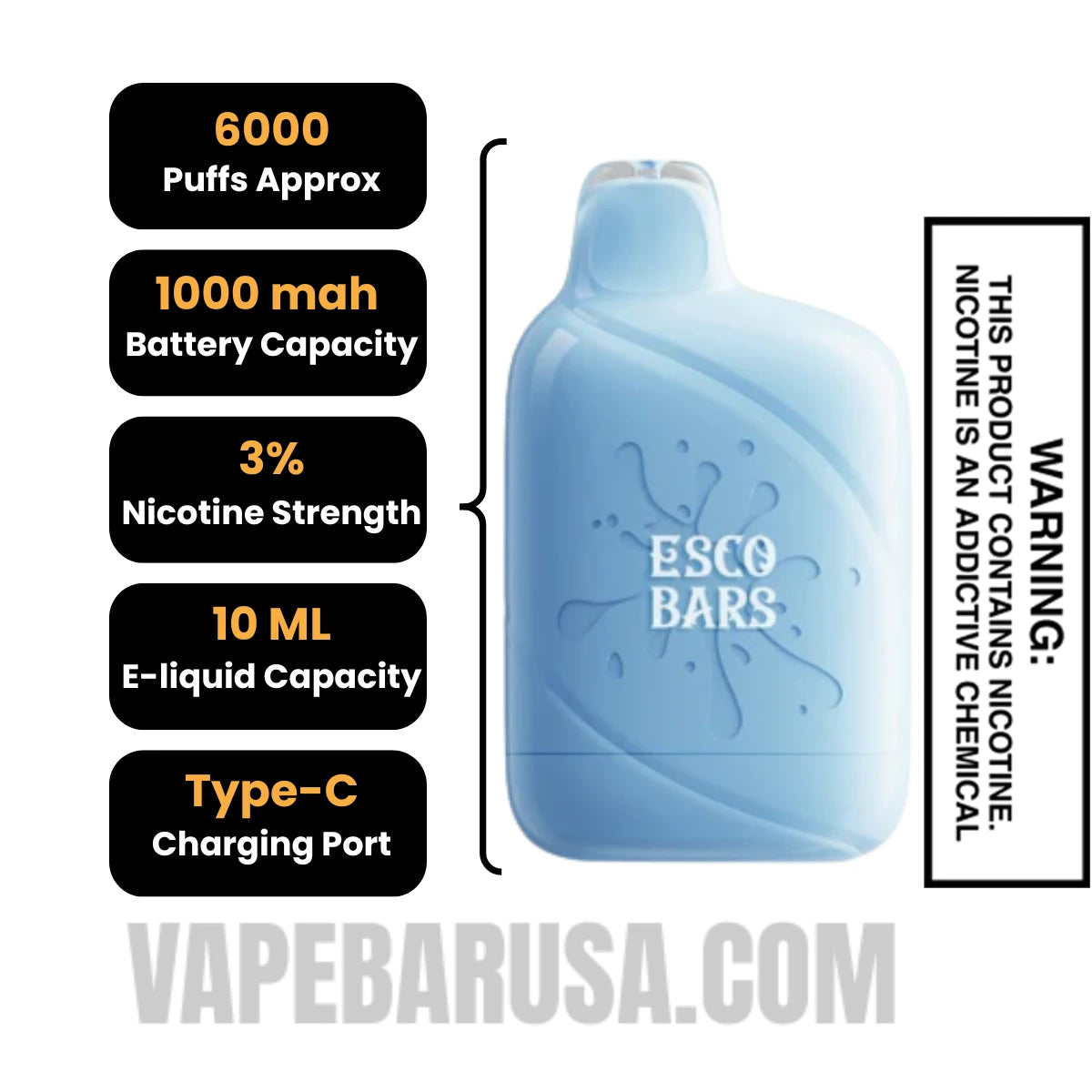Bubbleberry Esco Bar Mesh Vape 6000 Puffs 3% Nic Specifications