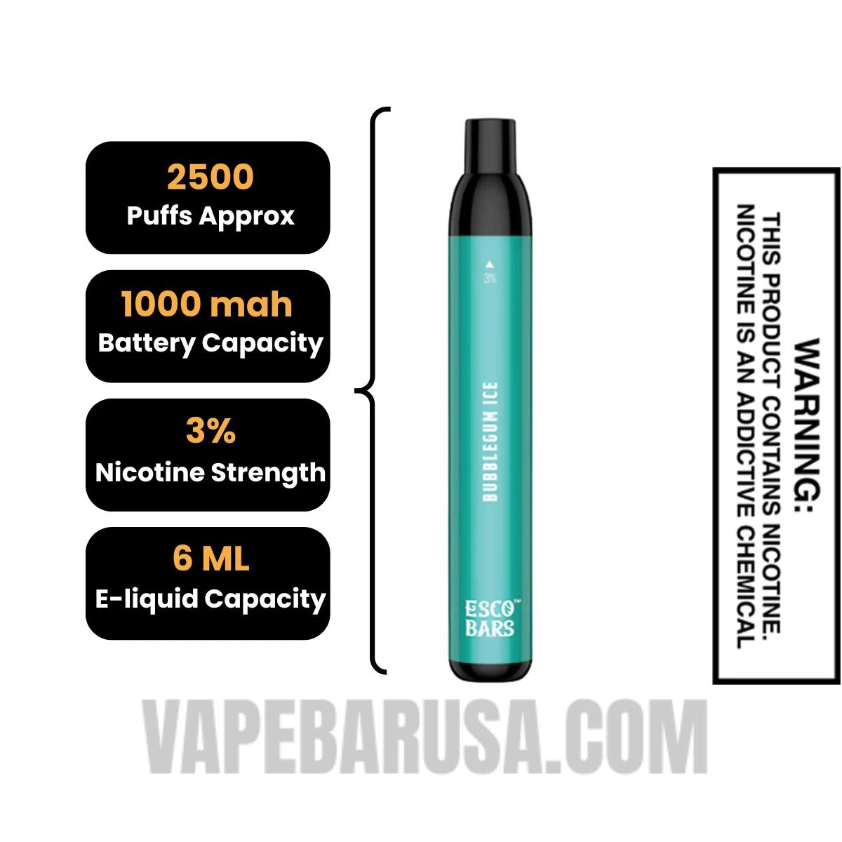 Bubblegum Ice Esco Bars 2500 Puffs Disposable Vape Specifications