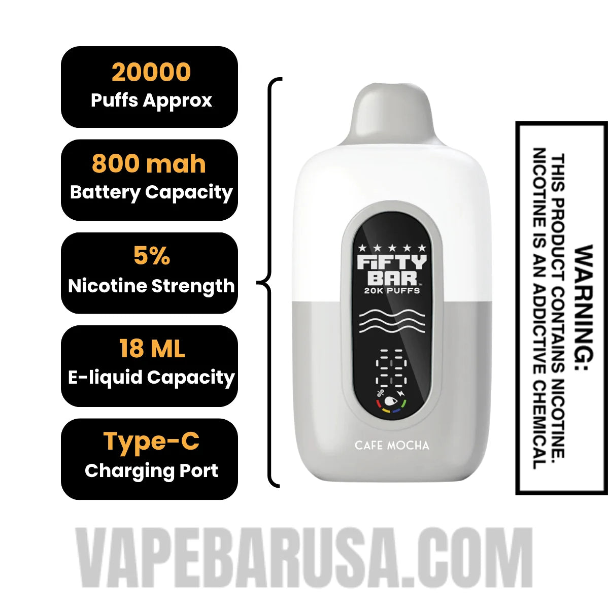 Cafe Mocha Fifty Bar 20K Texas Edition Disposable Vape Specifications
