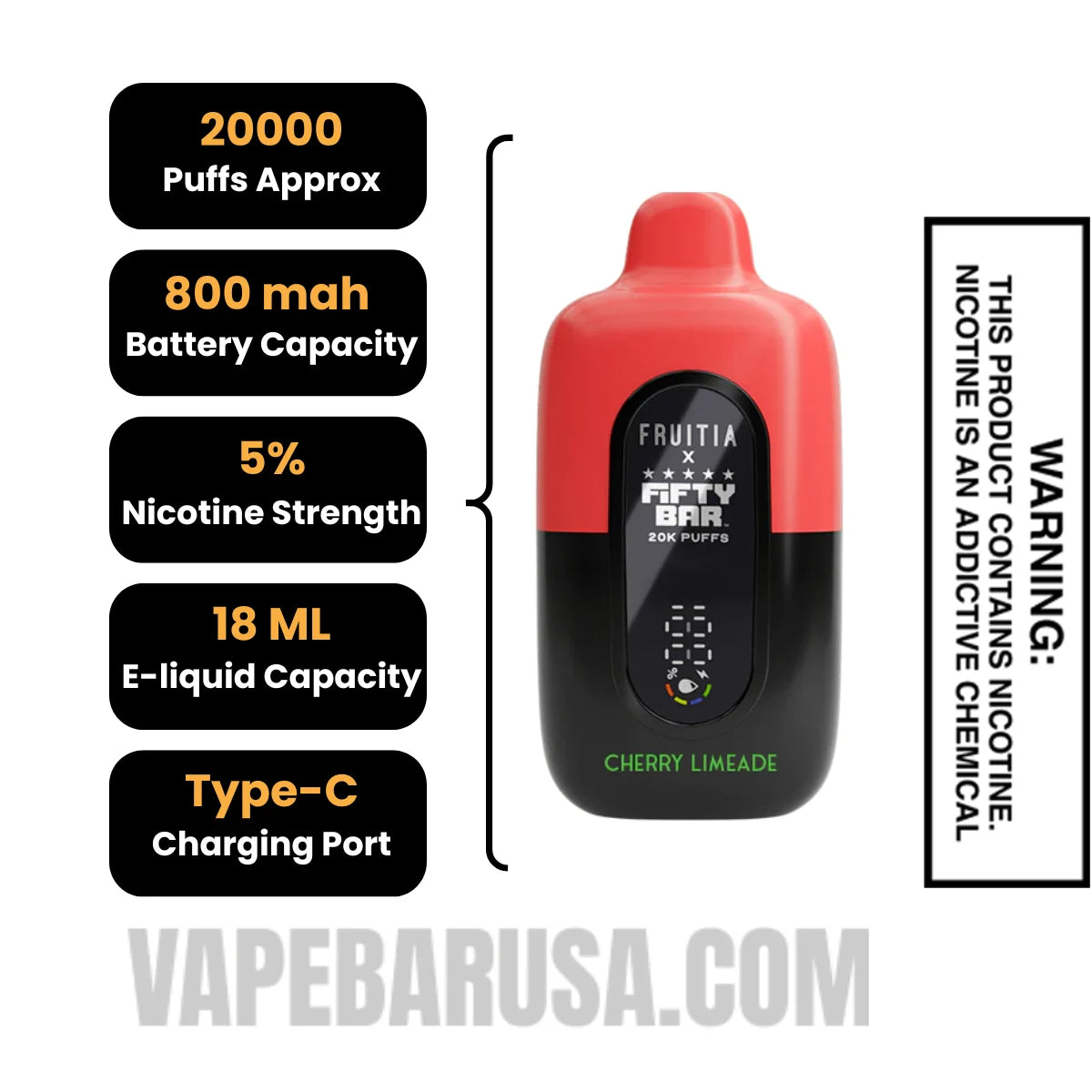 Cherry Lemonade Fruitia X Fifty Bar 20K Disposable Vape Specifications