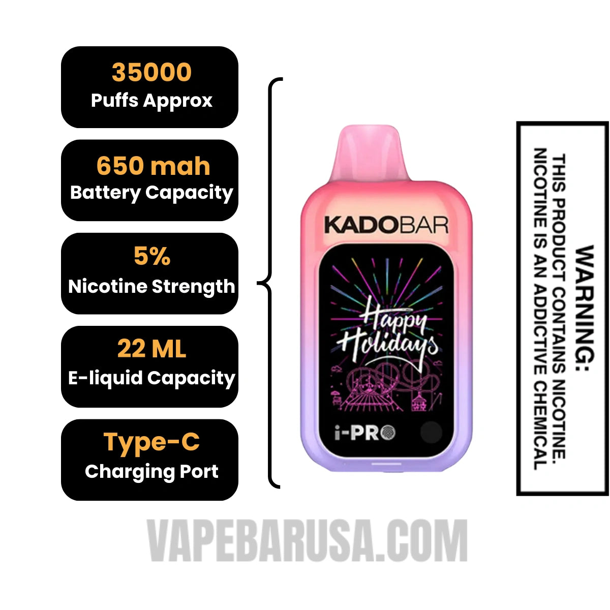 Cherry Strawberry Watermelon Kado Bar i-Pro 35K Disposable Vape Specifications 