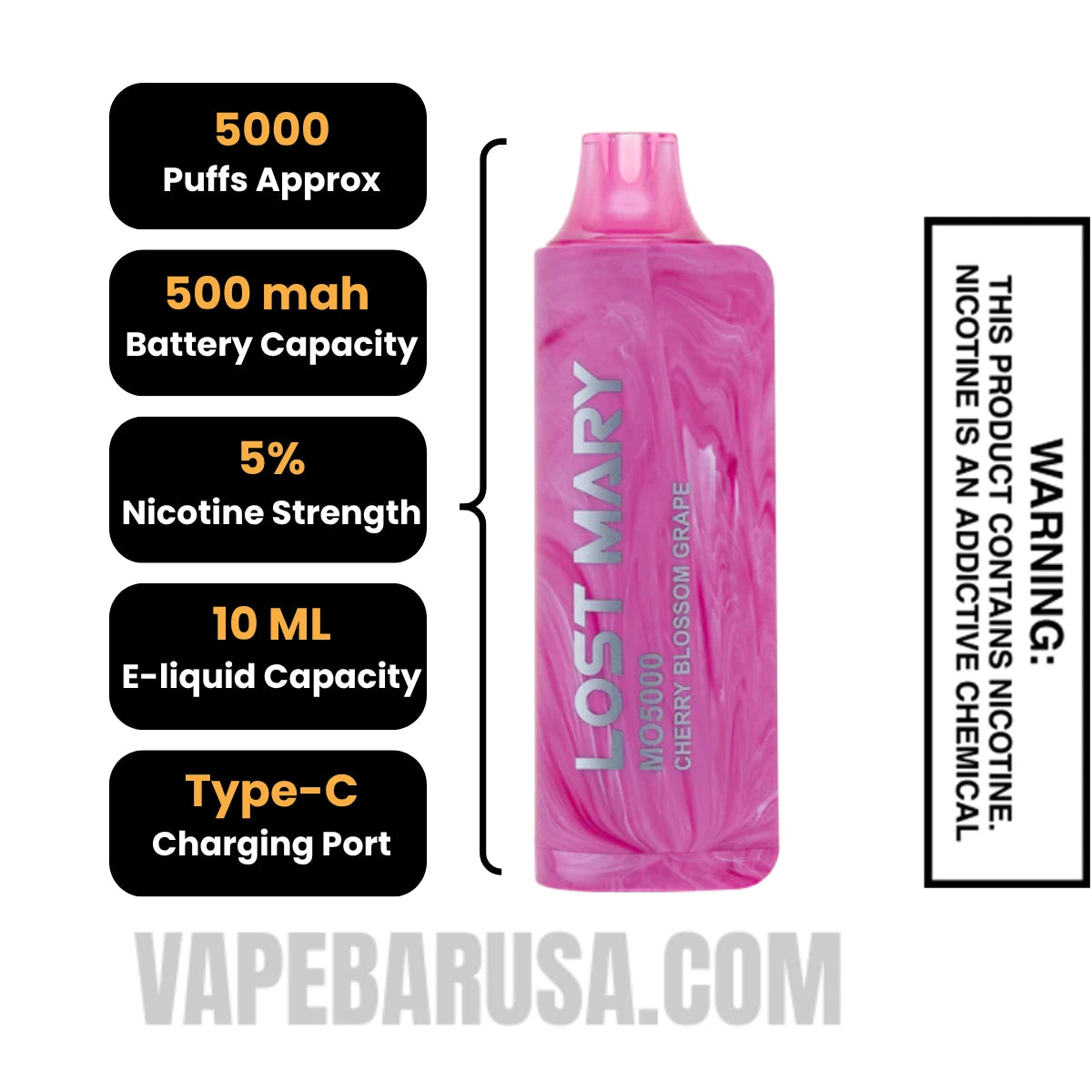 Cherry Blossom Grape Lost Mary MO5000 Disposable Vape Specifications