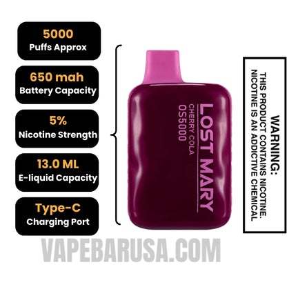 Cherry Cola Lost Mary OS5000 Disposable Vape Specifications