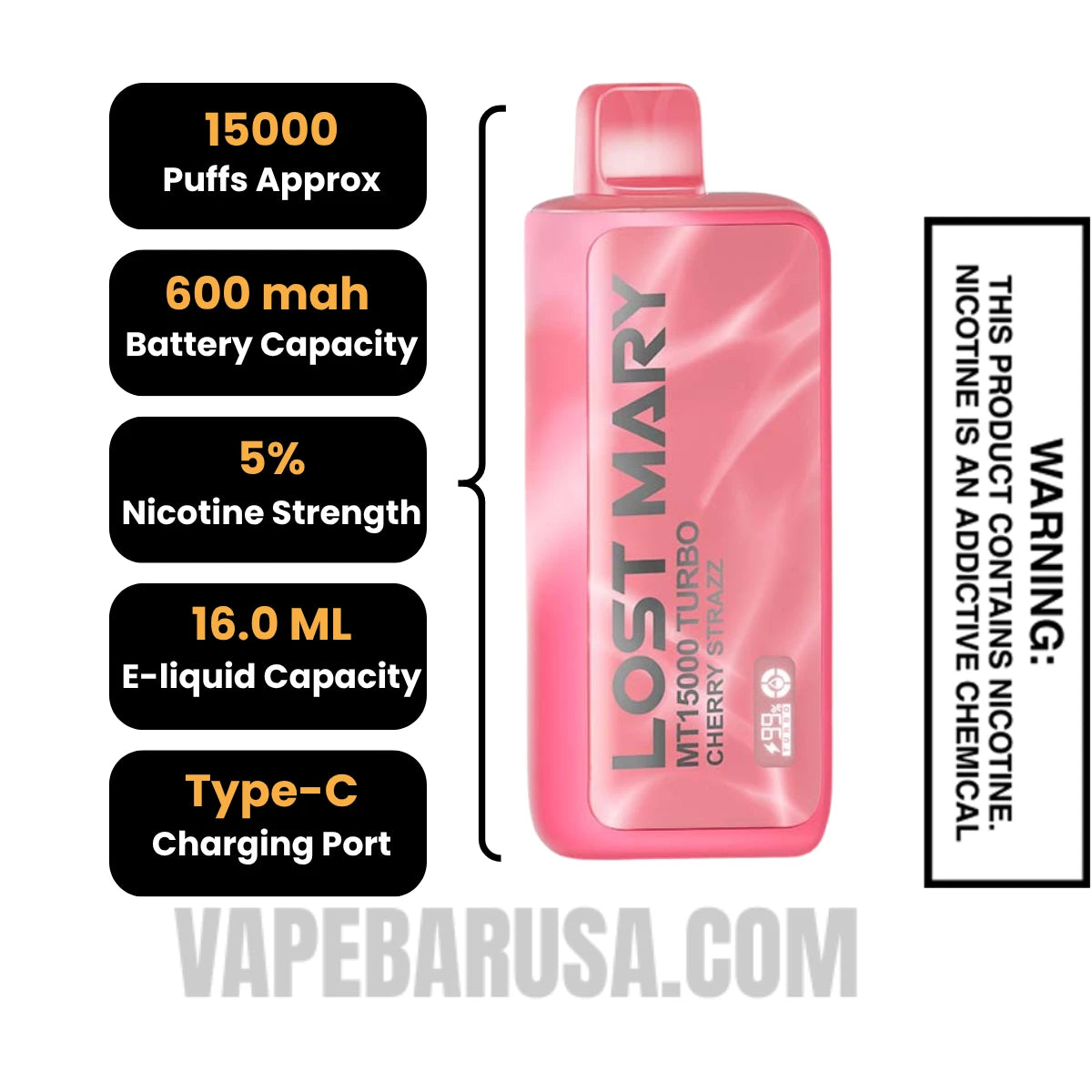 Cherry Strazz Lost Mary MT15000 Disposable Vape Specifications