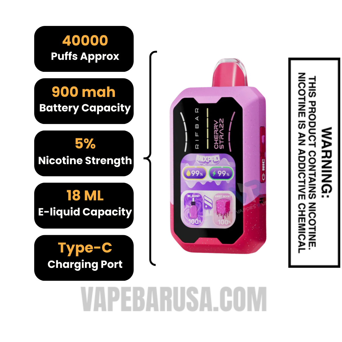 Cherry Strazz Rifbar MixPro Sweet 40K Disposable Vape Specifications
