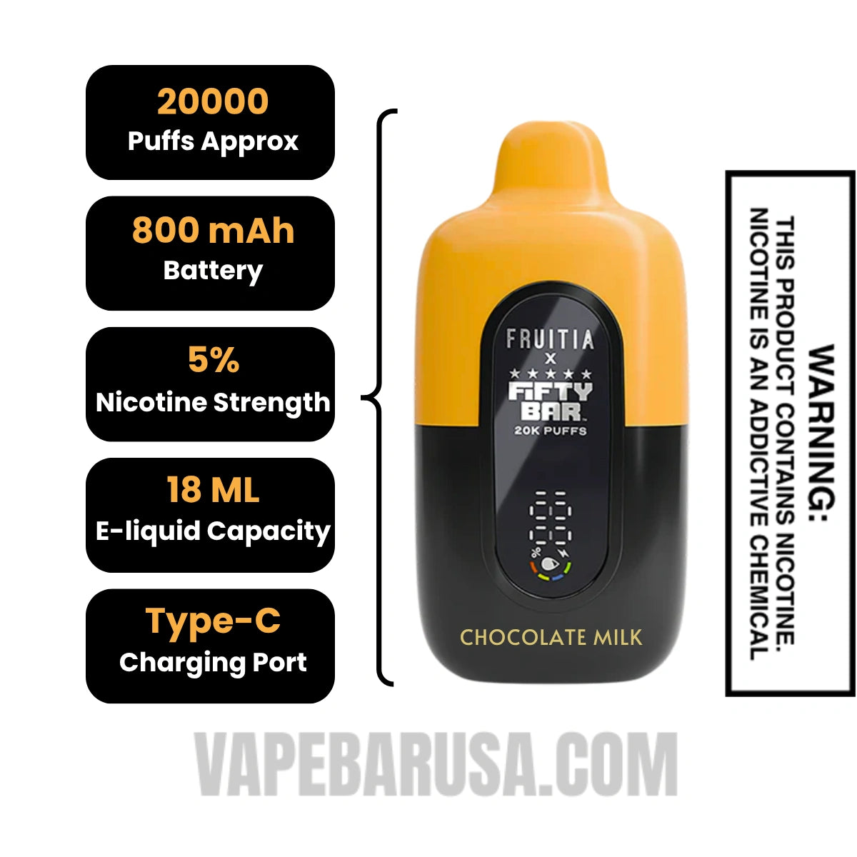 Chocolate Milk Fruitia X Fifty Bar 20K Disposable Vape Specifications