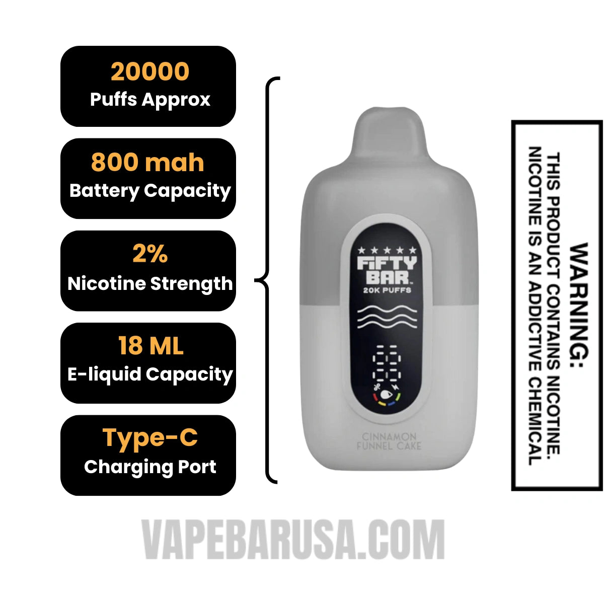 Cinnamon Funnel Cake Fifty Bar 20K Silver Series 2% Disposable Vape Specifications