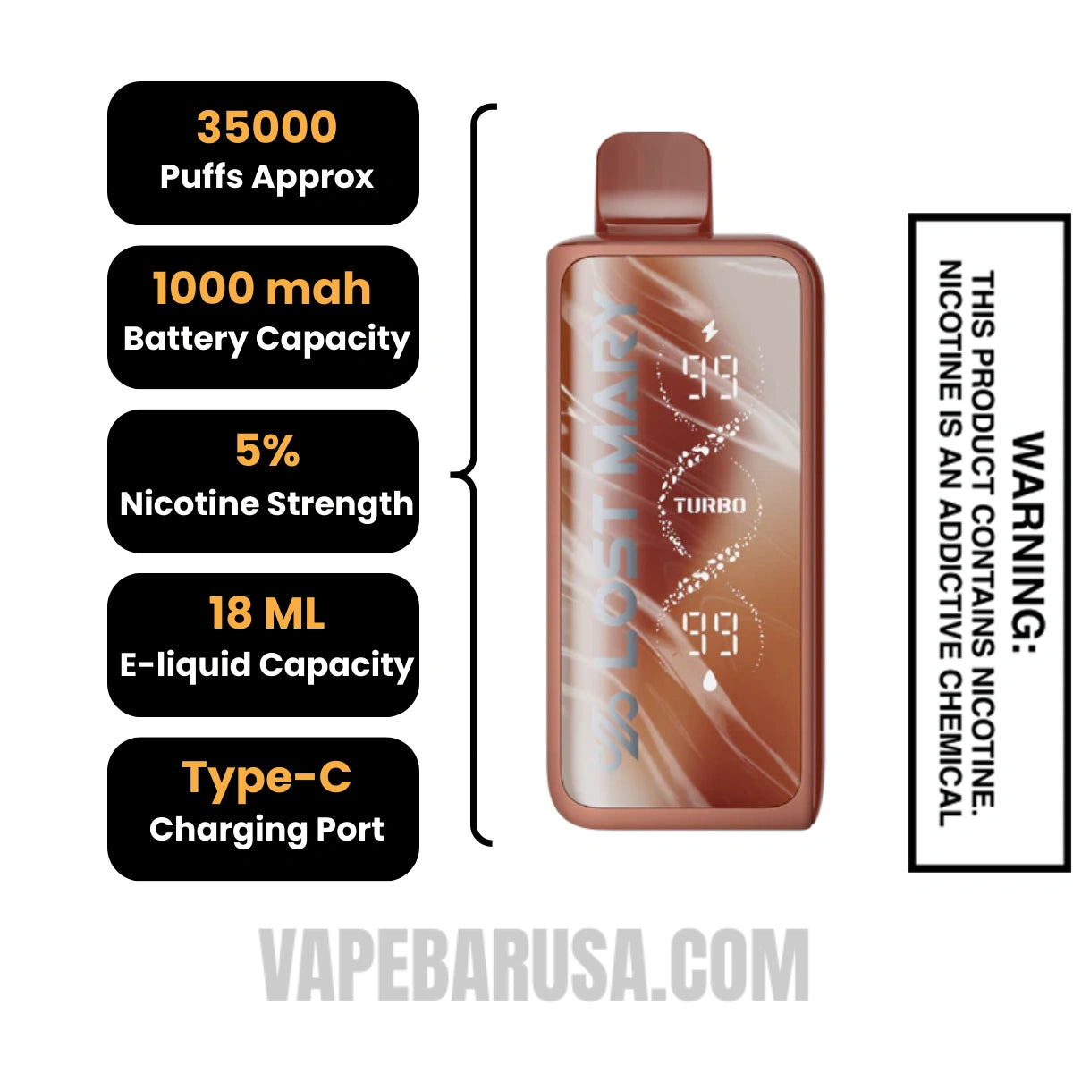Classic Tobacco Lost Mary MT35000 Turbo Disposable Vape Specifications