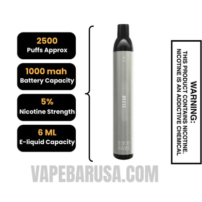 Clear Esco Bars 2500 Puffs Disposable Vape Specifications