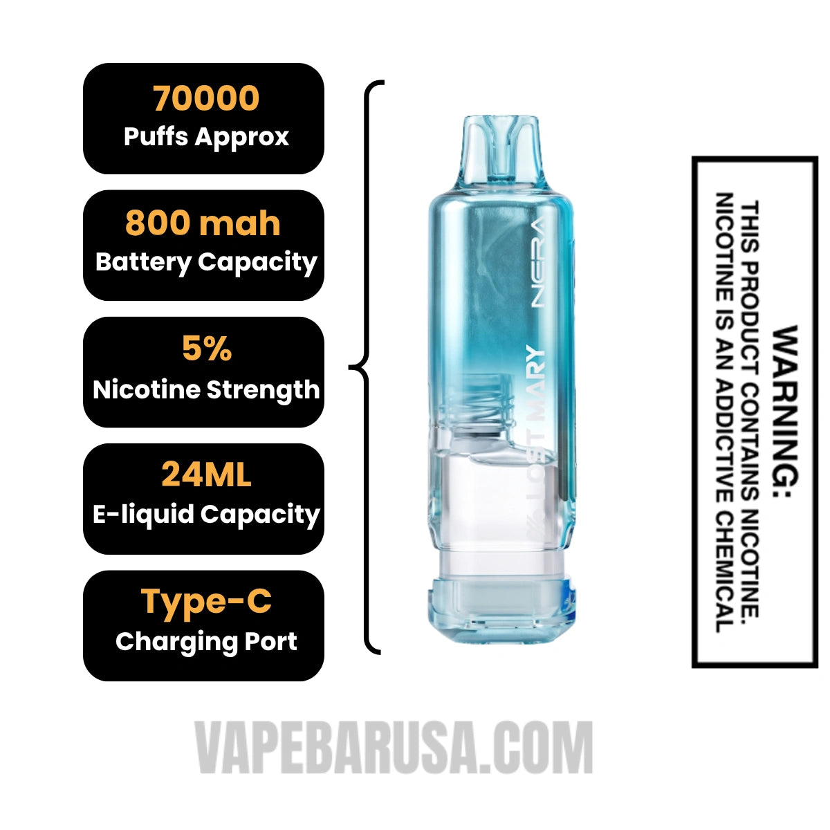 Clear Lost Mary Nera Fullview 70K Disposable Vape Pod specifications
