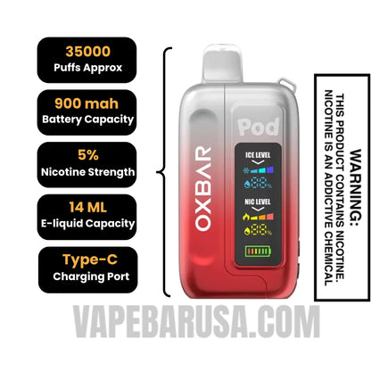 Clear Ruby Red OXBAR Ice-Nic Control Disposable Vape specifications