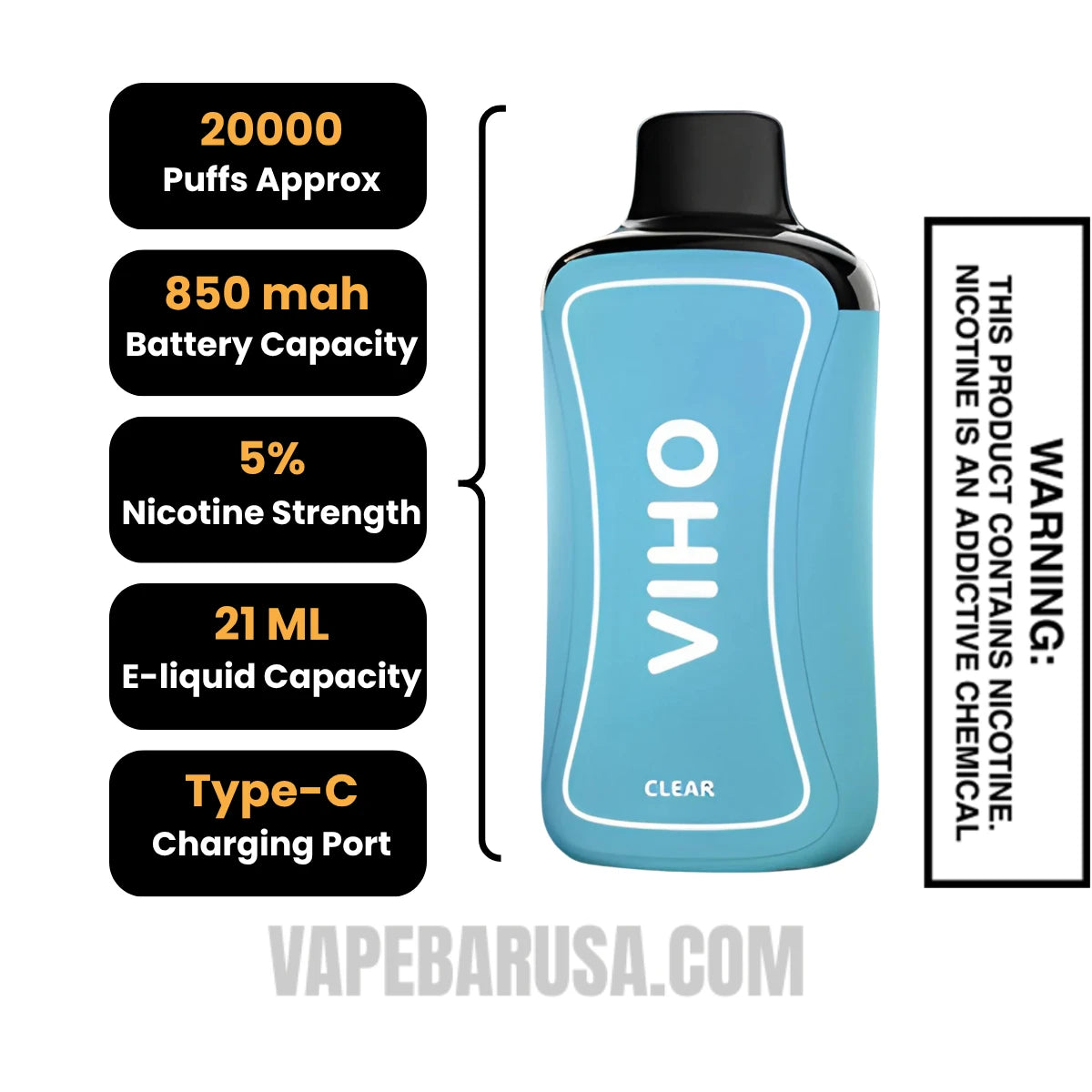Clear (Blue Box) Viho Supercharge 20000 Puffs Vape Specifications