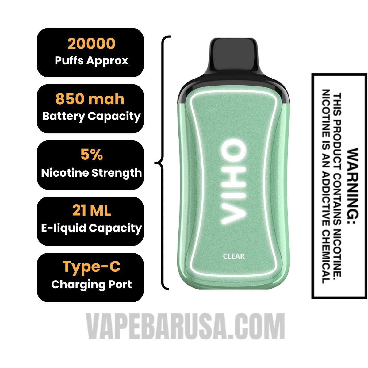 Clear (Green Box) Viho Supercharge 20000 Puffs Vape Specifications