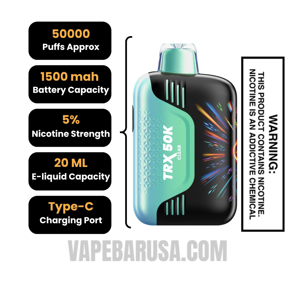Clear VIHO TRX 50K Disposable Vape Specifications