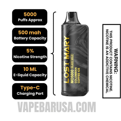 Colombian Coffee Ice Lost Mary MO5000 Black Gold Edition Vape Specifications