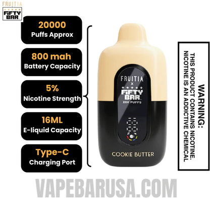 Cookie Butter Fruitia X Fifty Bar 20K Vape Specifications