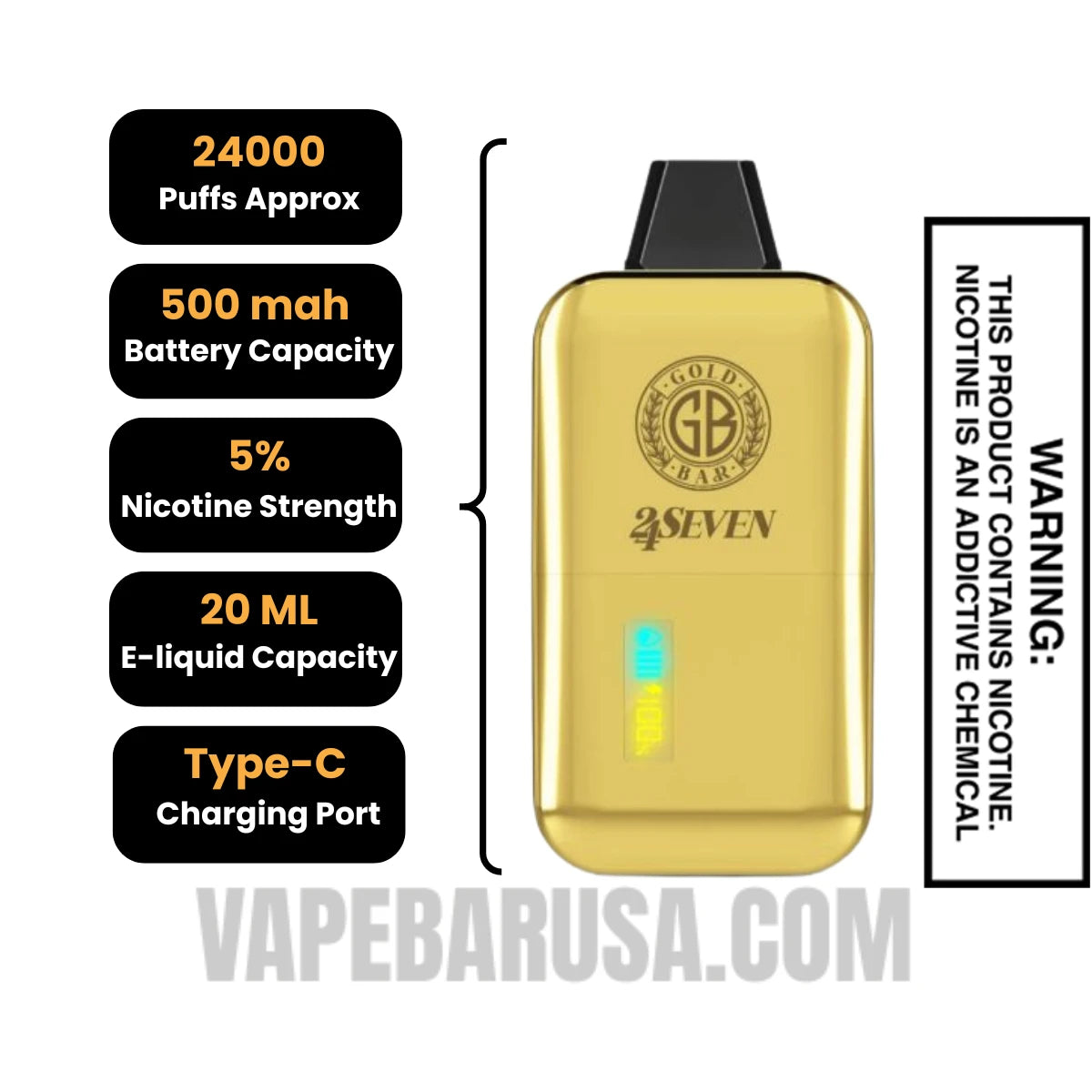 Cool Mint Gold Bar 24Seven Disposable Vape specifcations