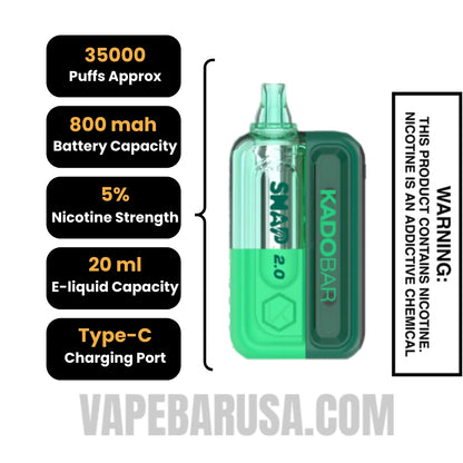 Cool Mint Kado Bar Snap 2.0 35K Disposable Vape Kit Specifications