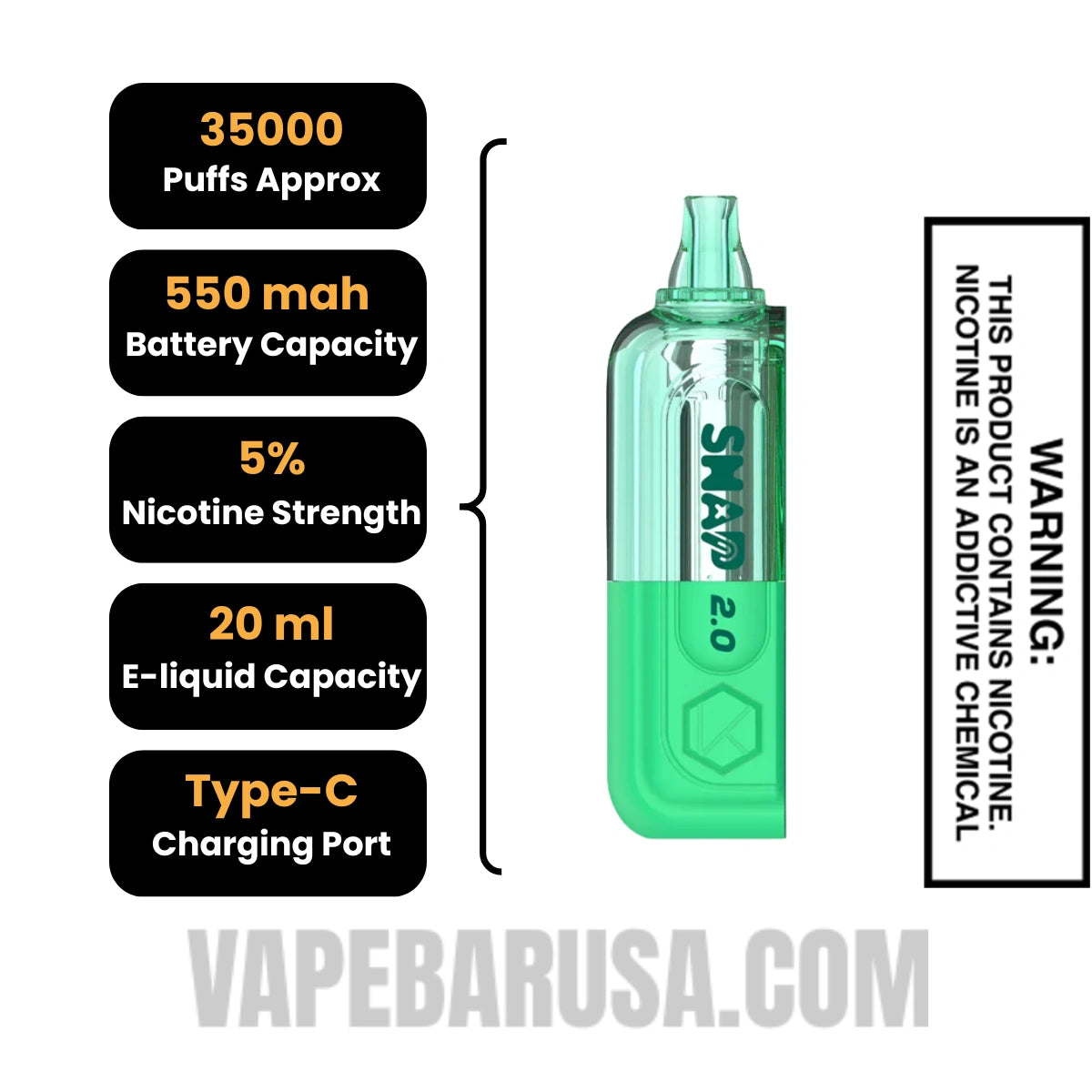 Cool Mint Kado Bar Snap 2.0 35K Disposable Vape Pod Specification