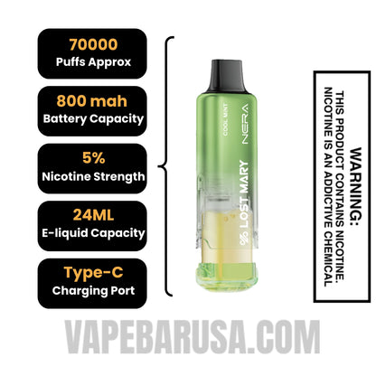 Cool Mint Lost Mary Nera Fullview 70K Disposable Vape Pod Specifications