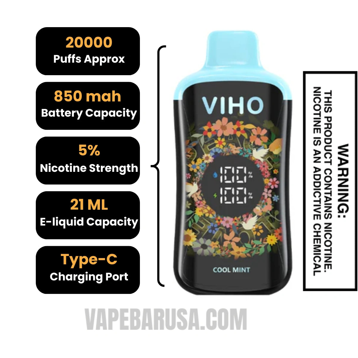 Cool Mint VIHO Supercharge Pro 20K Disposable Vape Specifications
