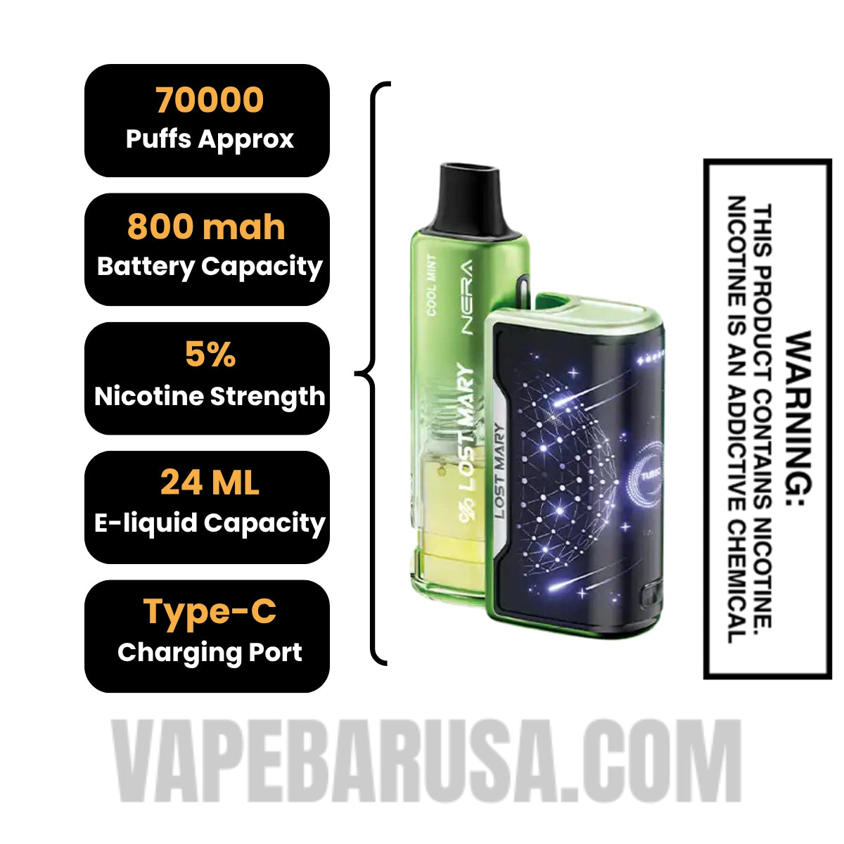 Cool Mint & Polar Mint Lost Mary Nera Fullview 70K Disposable Vape Kit Specifications