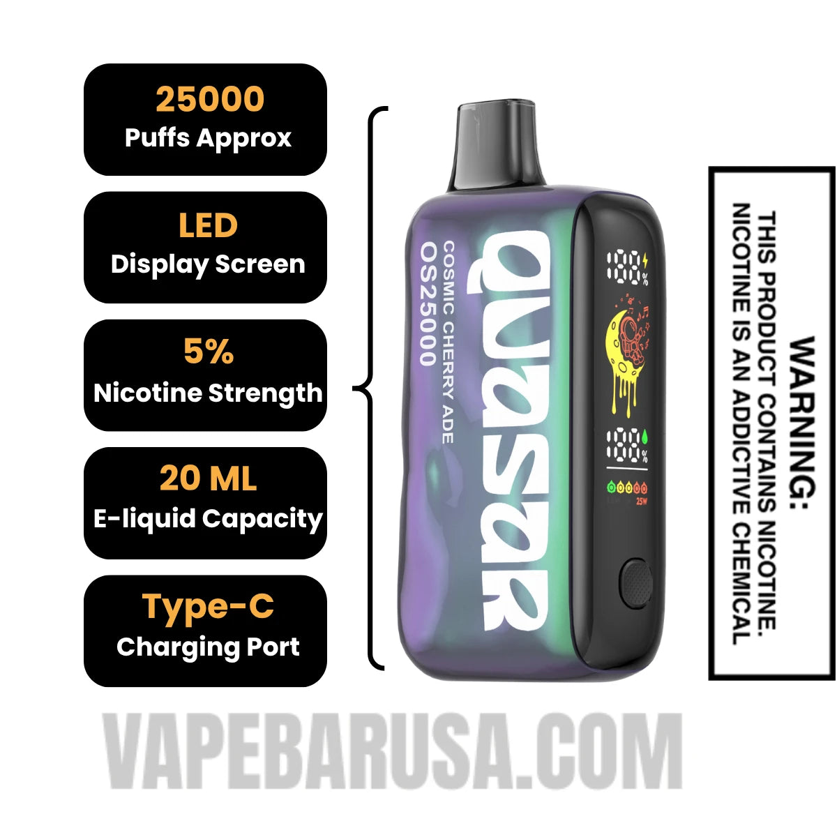 Cosmic Cherry Ade Lost Mary Quasar OS25000 Disposable Vape Specifications 