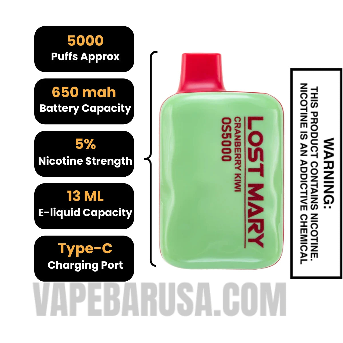 Cranberry Kiwi Lost Mary OS5000 Disposable Vape Specifications